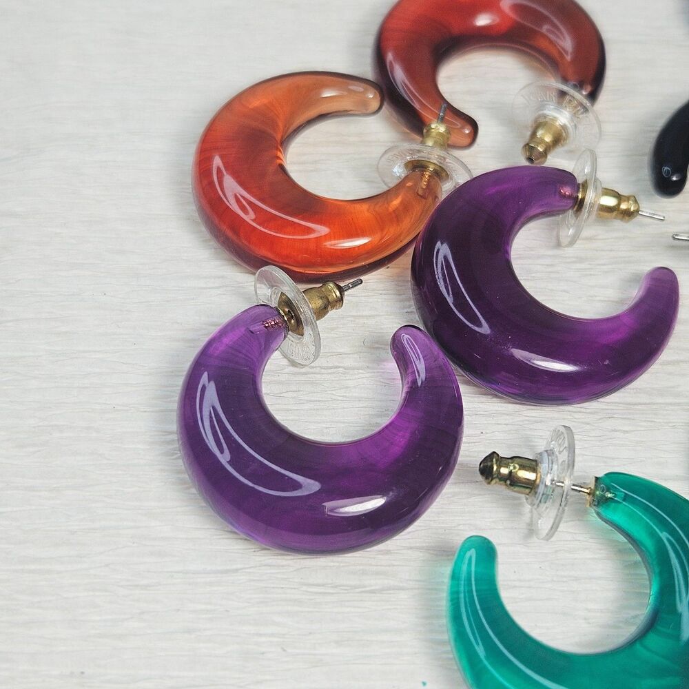 Joan Rivers 4 Pr Clear Puffy Hoop Earrings Green Black Purple Brown - Picture 11 of 12